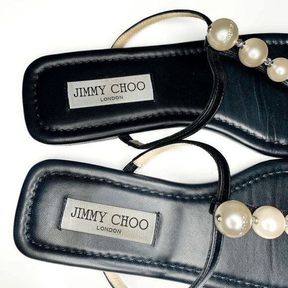 Jimmy Choo Alaina Faux Pearl Embellished Leather Flat Sandals EU 38 US 8 Black - Picture 7 of 9